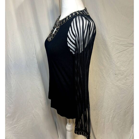 Belldini Jeweled Sheer Sleeve Pullover Blouse Womens Zip Linen Black Long Sleeve - Picture 5 of 8